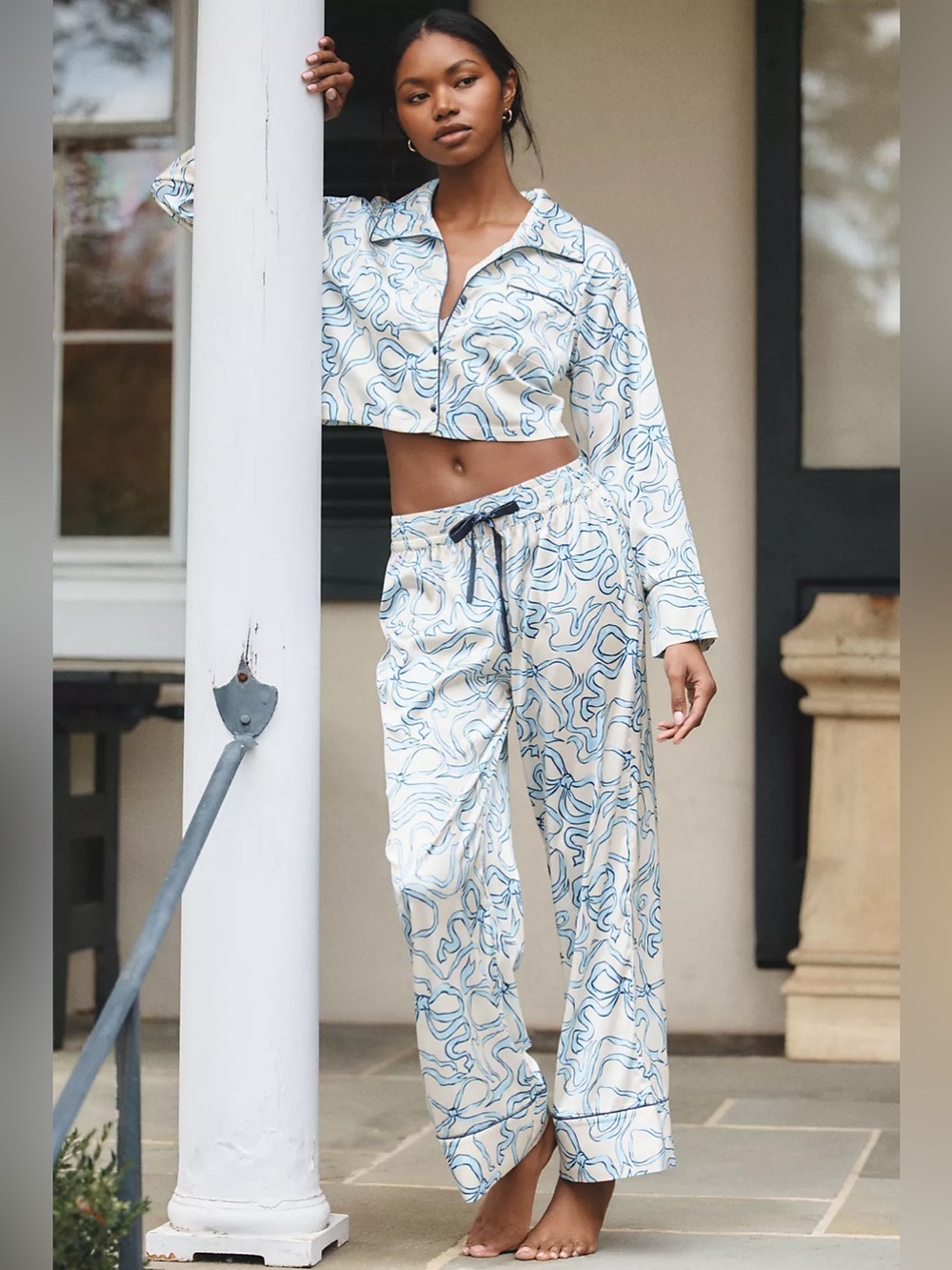 2 pc set Kilo Brava Anthropologie Bow PJ Set Crop Top Long Pants Blue